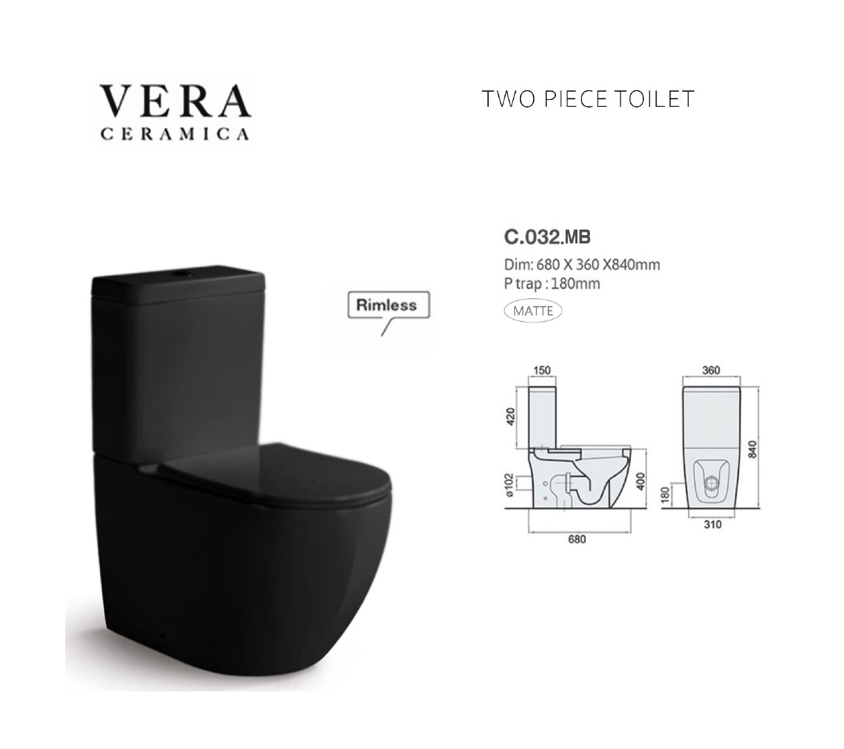 VERA C032 MATT BLACK RIMLESS WC SPEC